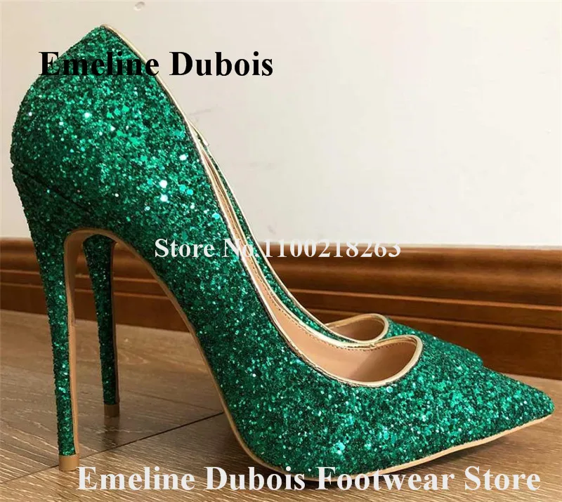 

Bling Bling Glitter Pumps Emeline Dubois Pointed Toe Green Black Silver Sequined Stiletto Heel Dress Shoes Wedding High Heels