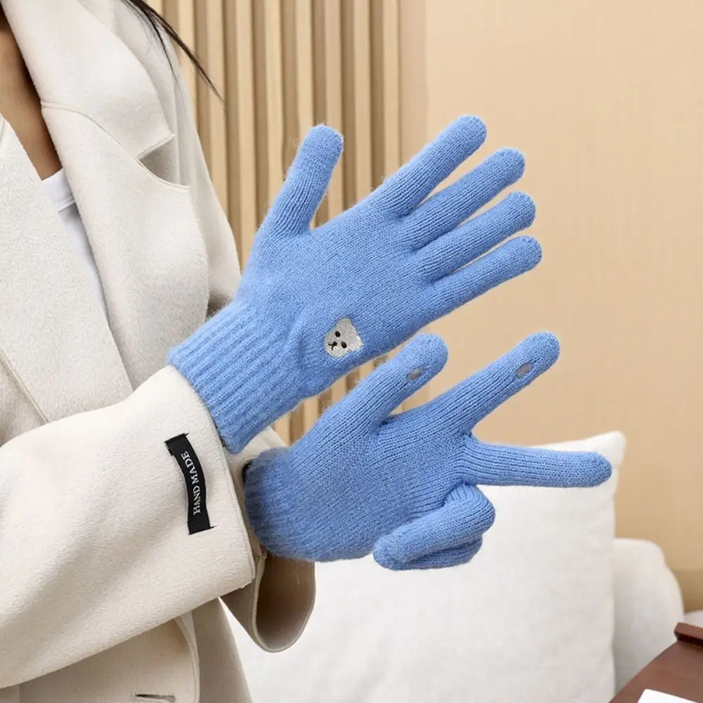 New Warm Winter Knitted Gloves Bear Windproof Touch Screen Gloves Solid Color Cycling Gloves Women