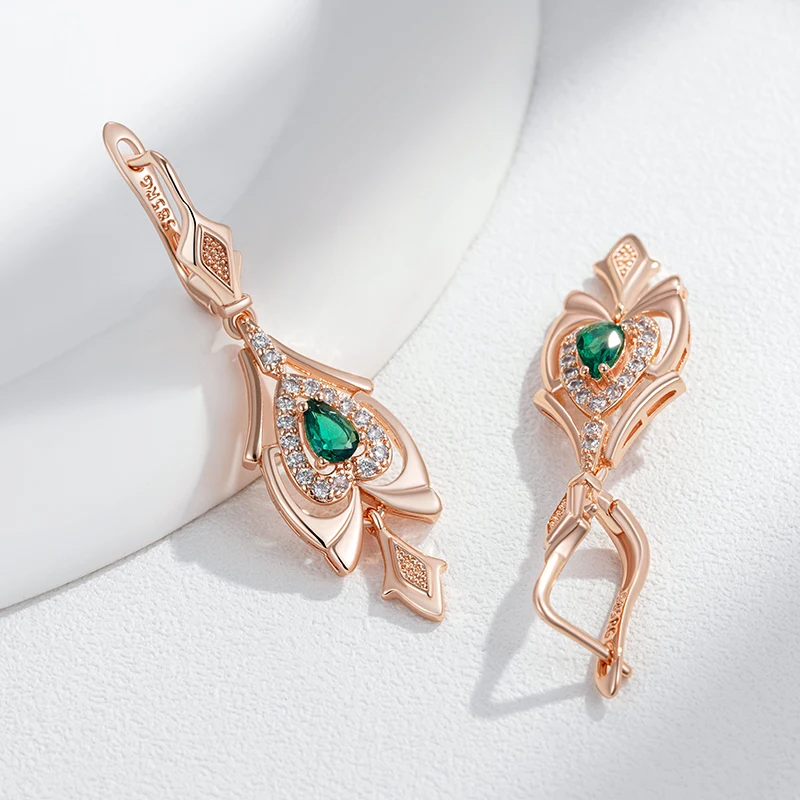 Kinel Hot 585 Rose Gold Color Fine Drop Earrings for Women Crystal Flower Green Natural Zircon Accessories Daily Vintage Jewelry