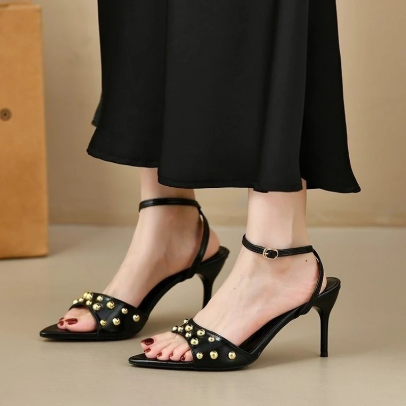 Studded Peep Toe Mules Stiletto Slip On Gold Rivets Decor Classic Sexy Women Summer Sandals Dress Party