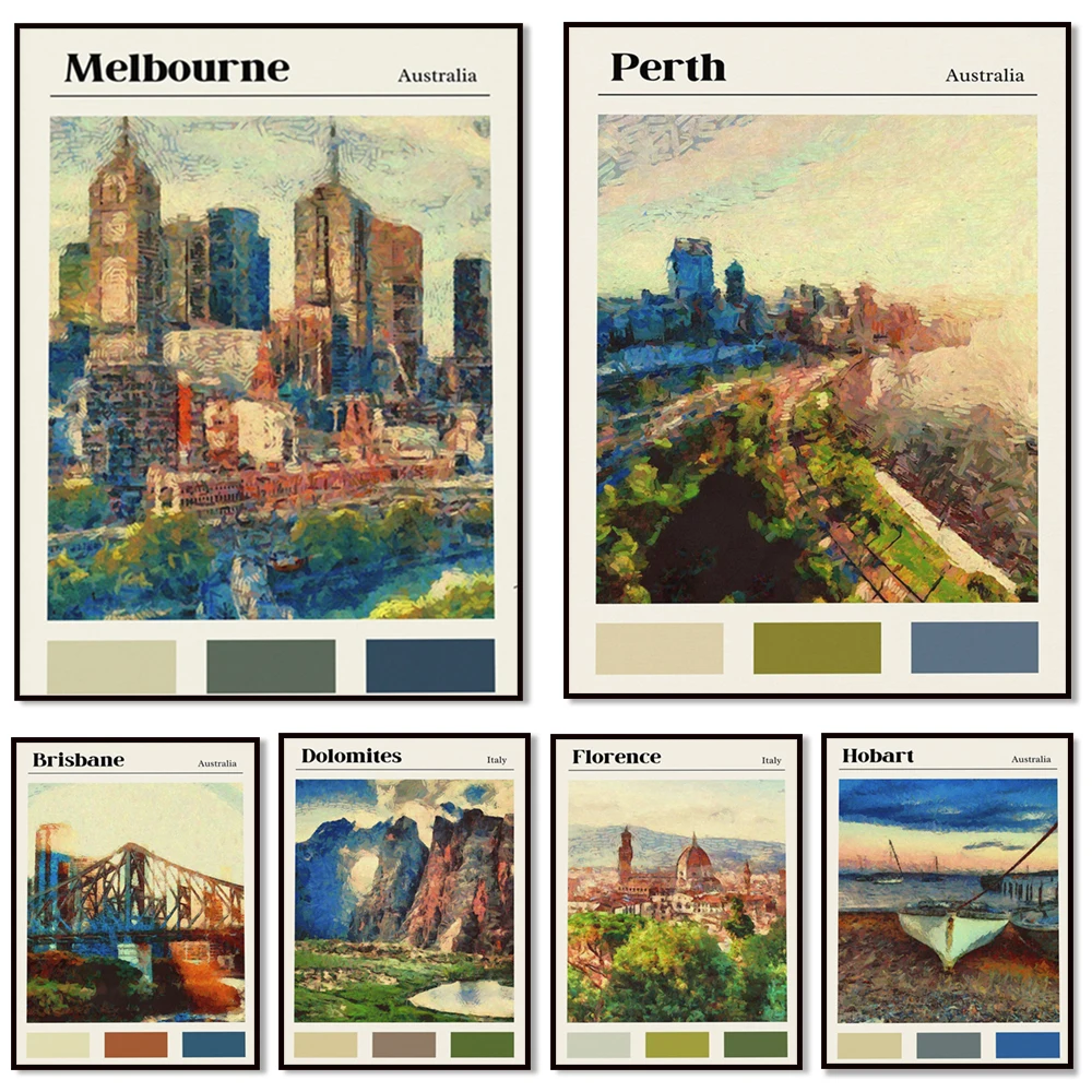 Italian Dolomites, Venice, Rome, Milan, Florence, Hobart Australia, Sydney, Brisbane, Melbourne, Perth Canvas Art Travel Poster