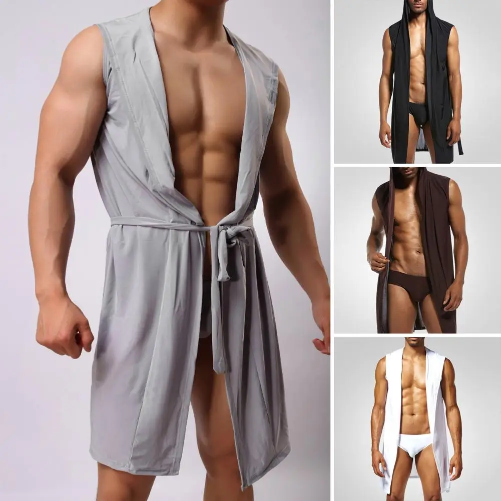 Roupão de seda gelo com capuz de luxo masculino com cinto, sexy robe frontal aberto, tecido macio para viagem domiciliar monocromático