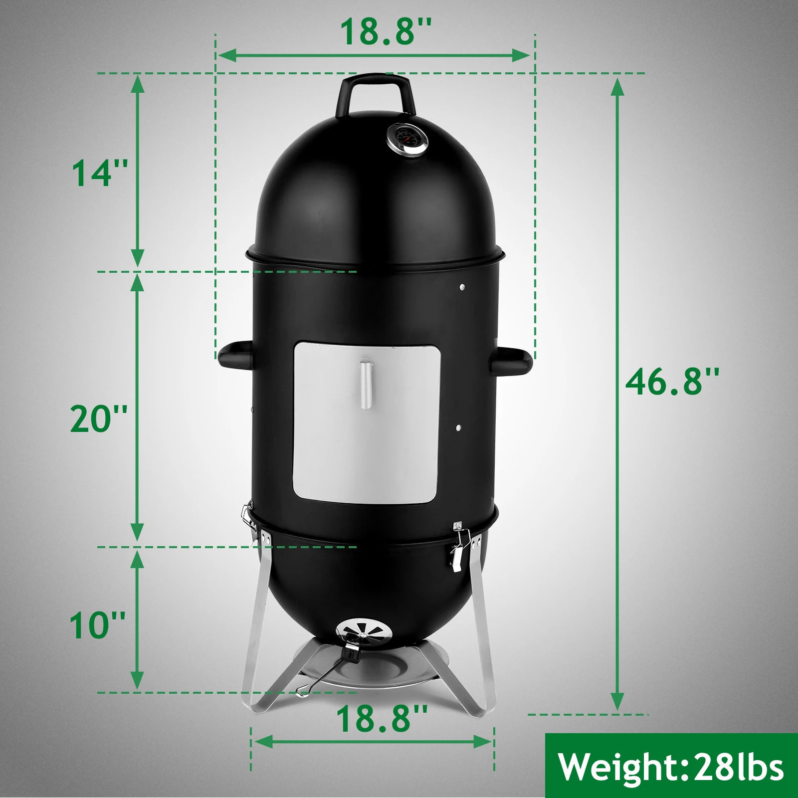 Vertical Steel Charcoal Smoker, Heavy Duty Three Layer Round BBQ Grill Smokey Mountain Cooker for Outdoor Cooking, Black