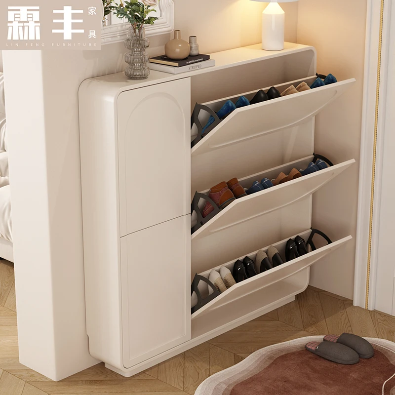 Solid wood ultra-thin tipping bucket shoe cabinet, extremely narrow at the door of the household, small apartment