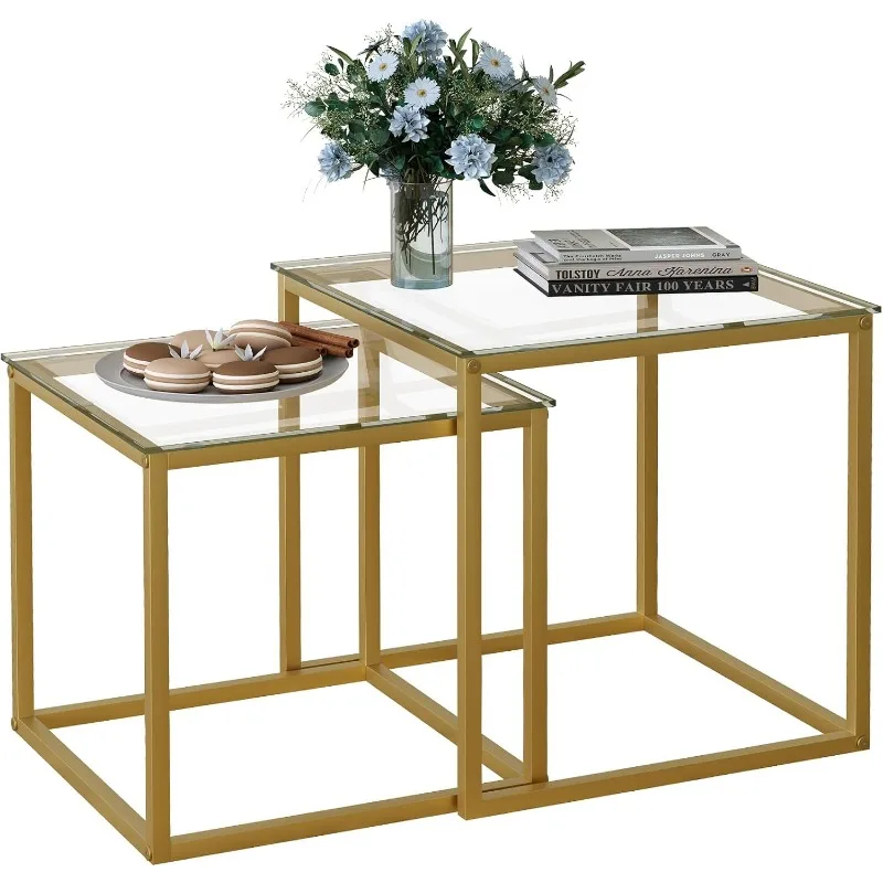 Coffee Table Set of 2, Modern Gold Glass Side Table, Metal Frame Square End Table, Center Tables Nesting Coffee Table.