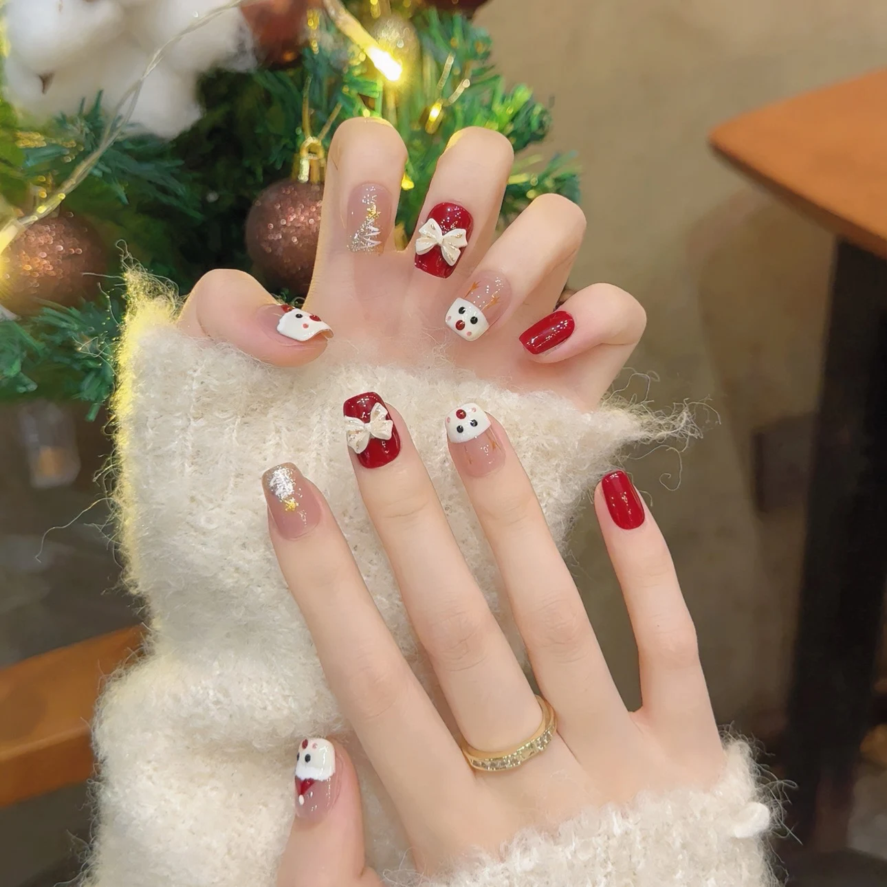 10pcs Christmas False Nails Ballet Snowmen Full Cover Manicure Christmas Reindeer Wearable Press On Nails Festival Gifts