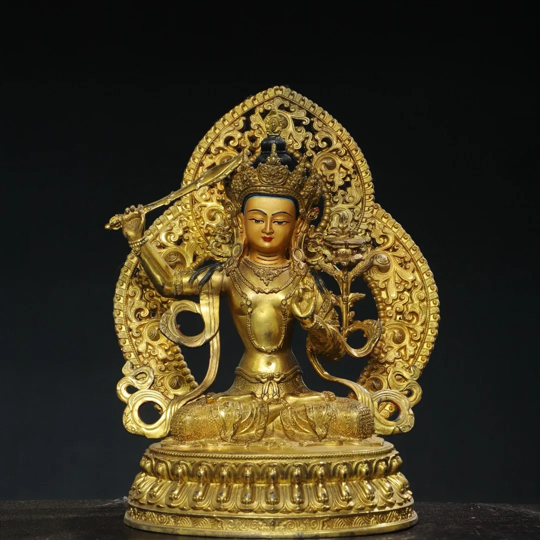 

13"Tibetan Temple Collection Old Bronze Gilded Painted Face Manjushri Bodhisattva Sitting Buddha Backlight Worship Hall