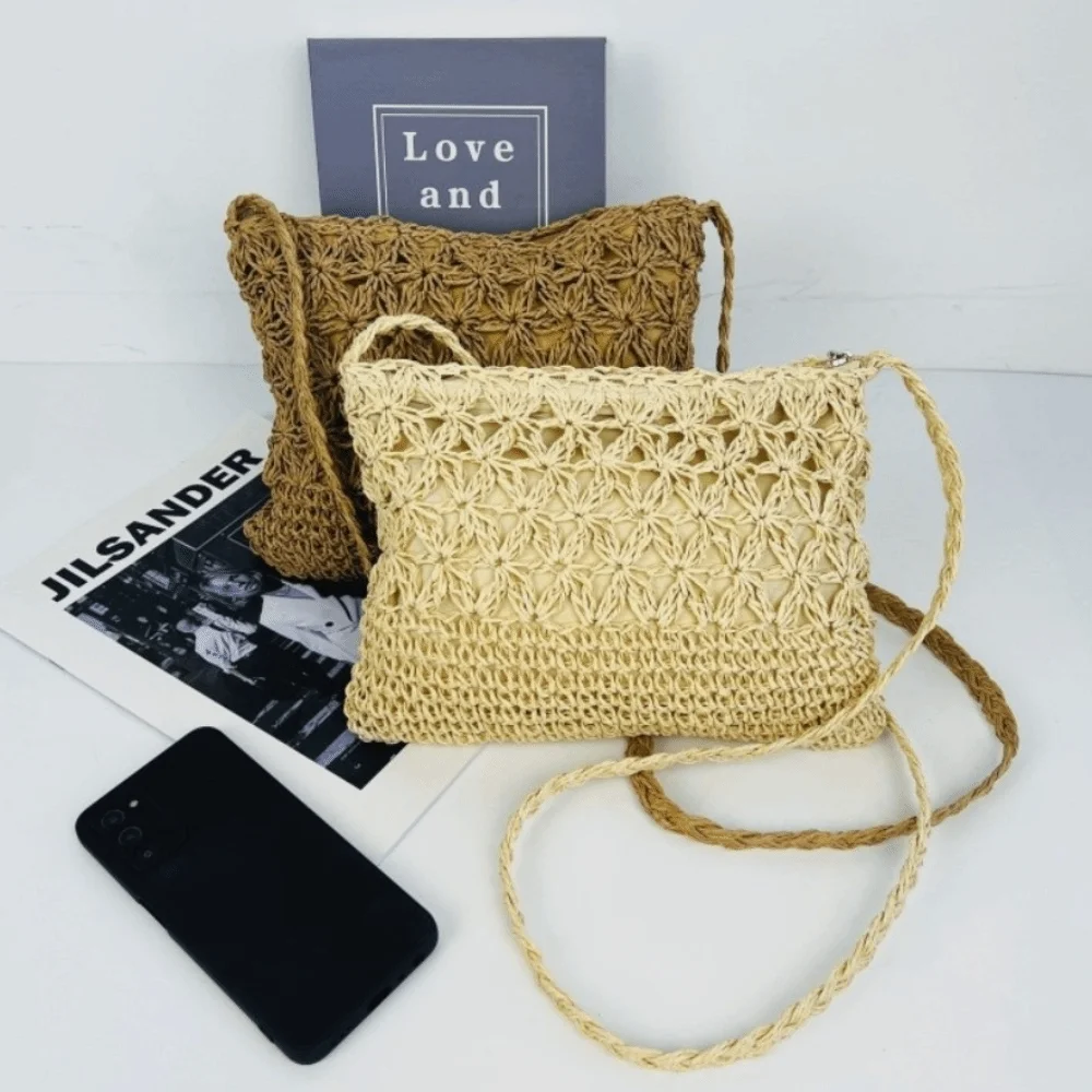 New Straw Woven Crossbody Bag Hollow Style Lightweight Beach Shoulder Bag Beige Khaki Handbag Women's Use