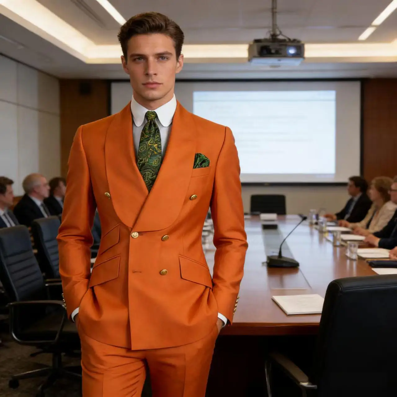 

Мужской костюм-двойка: двубортный пиджак с широкими шалевыми лацканами и золотыми пуговицами, брюки. Формальный деловой костюм для свадьбы, смокинг.