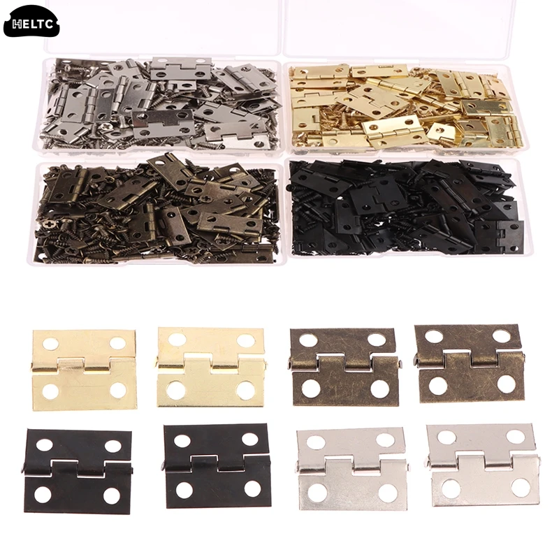 50pcs/box Hinges + 200 Screws Iron Gold Silver Black Bronze 4 Holes Durable Furniture Hardware Mini Hinge Decor