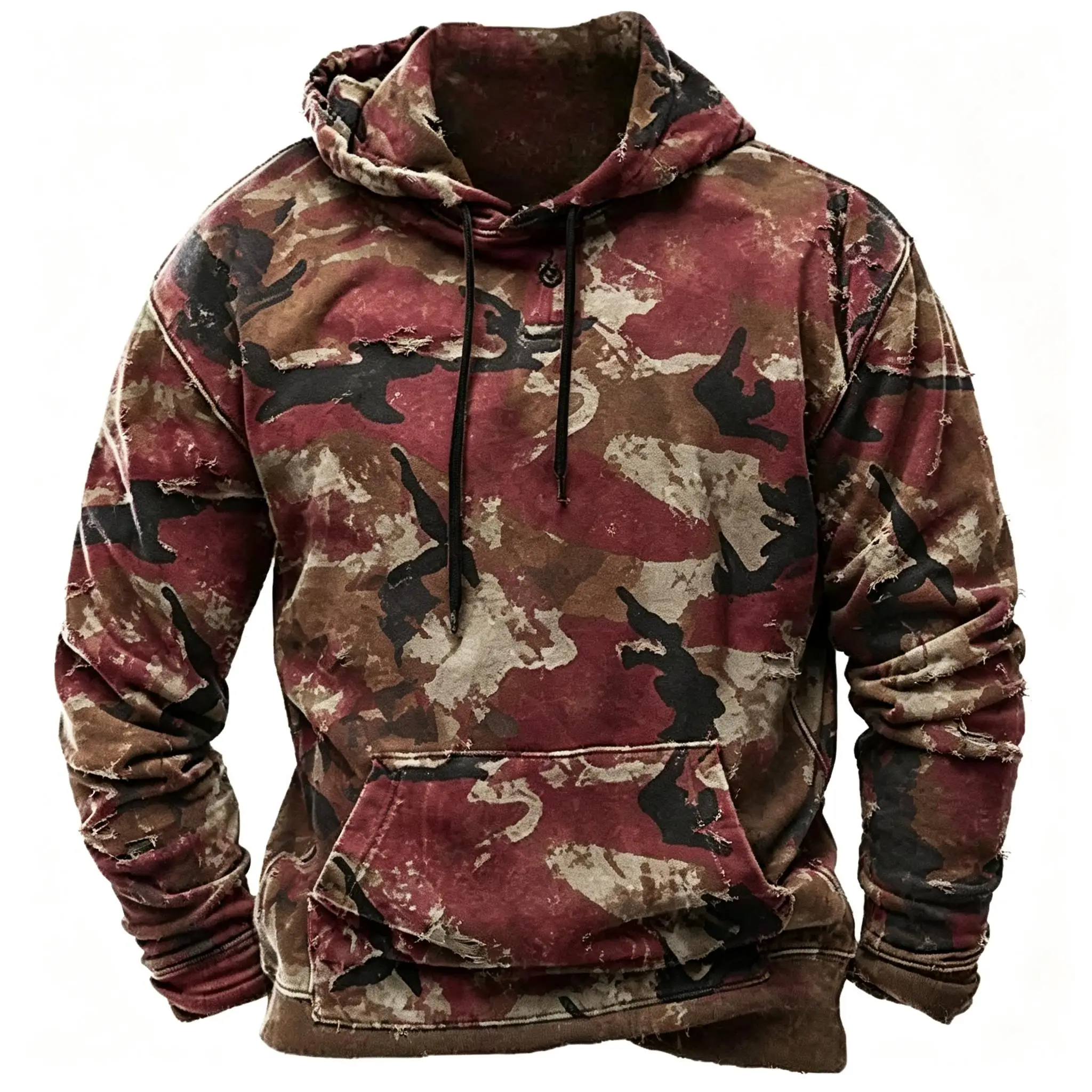Men's Distressed Blue Camo Print Hoodie Long Sleeve Pullover Sweatshirt For Vintage Outdoor Casual Streetwear Outfit
