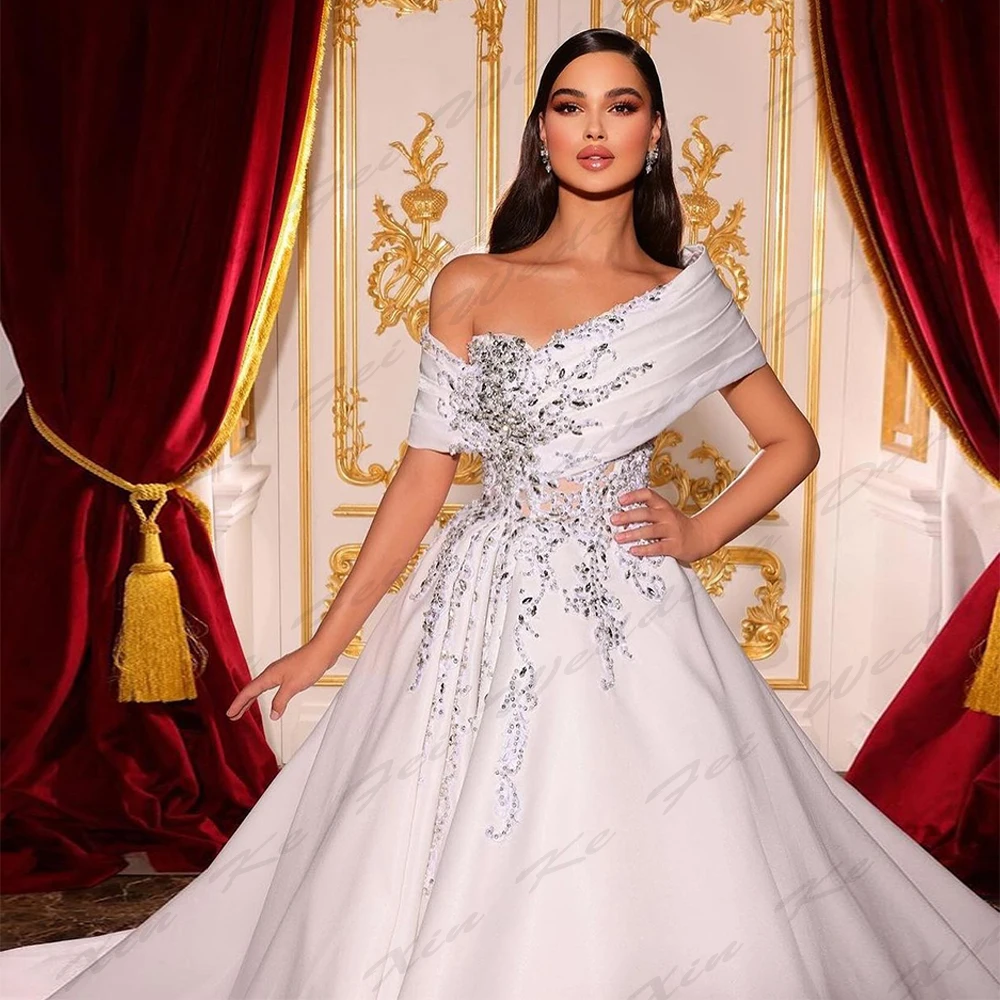 Romantic Wedding Dresses Long Illusion Luxury Off Shoulder Short Sleeves Fluffy Princess Style Mopping Bridal Gowns Customized