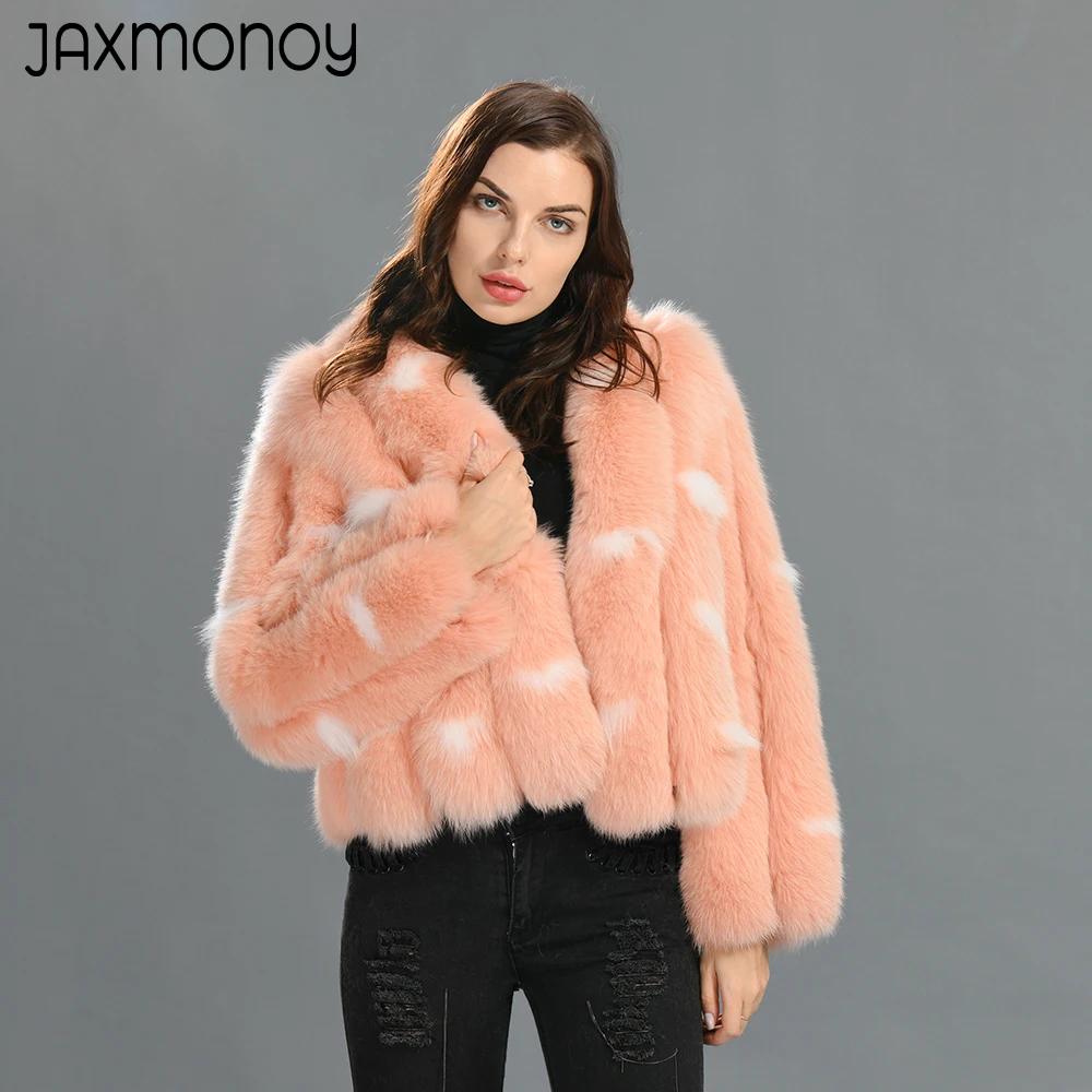 

Jaxmonoy Women's Winter Real Fox Fur Coat Ladies Luxury Vertical Stripes V-Neck Fashion Natural Fur Jacket 2022 New Arrival