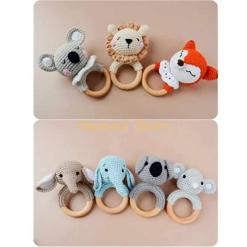 E7CE Animal Rattles Toy Crochet Teether Rattles Baby Rattles Toy Crochet Rattles Teething Rings Wooden Teether Newborns Rattles