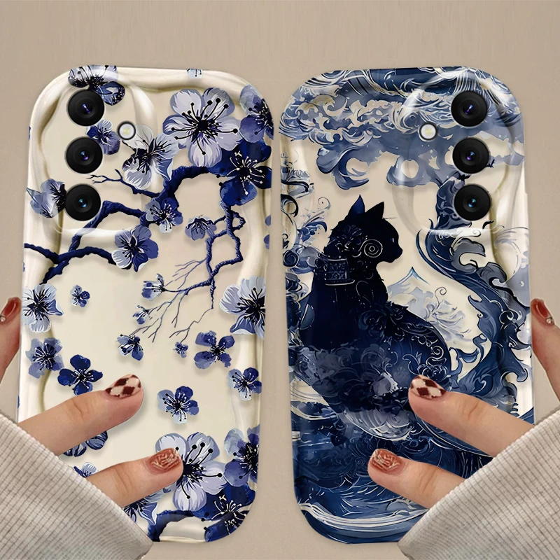 Blue Cat Flower Totem Wave Case For Samsung Galaxy A14 A54 A34 A24 A13 A53 A33 A73 A23 A52 A52S A32 A22 A12 A51 A71 Back Cover