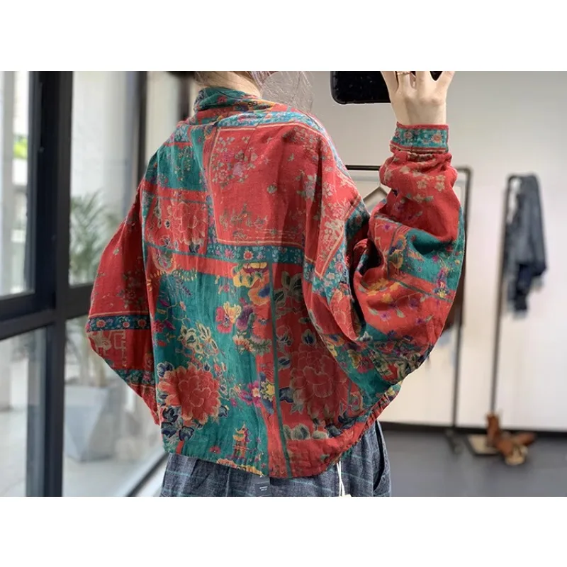 Printed Linen Cotton Jacket, Ethnic Style Cotton Clip Thick Short and Thin Jacket, Women\'s Autumn and Winter 2024 Style