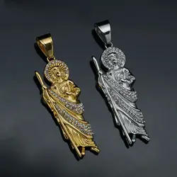 San Judas Tadeo Pendant Necklace Women with rhinestone Men Saint Jude Thaddeus Stainless Steel Gold color Religious Jewelry
