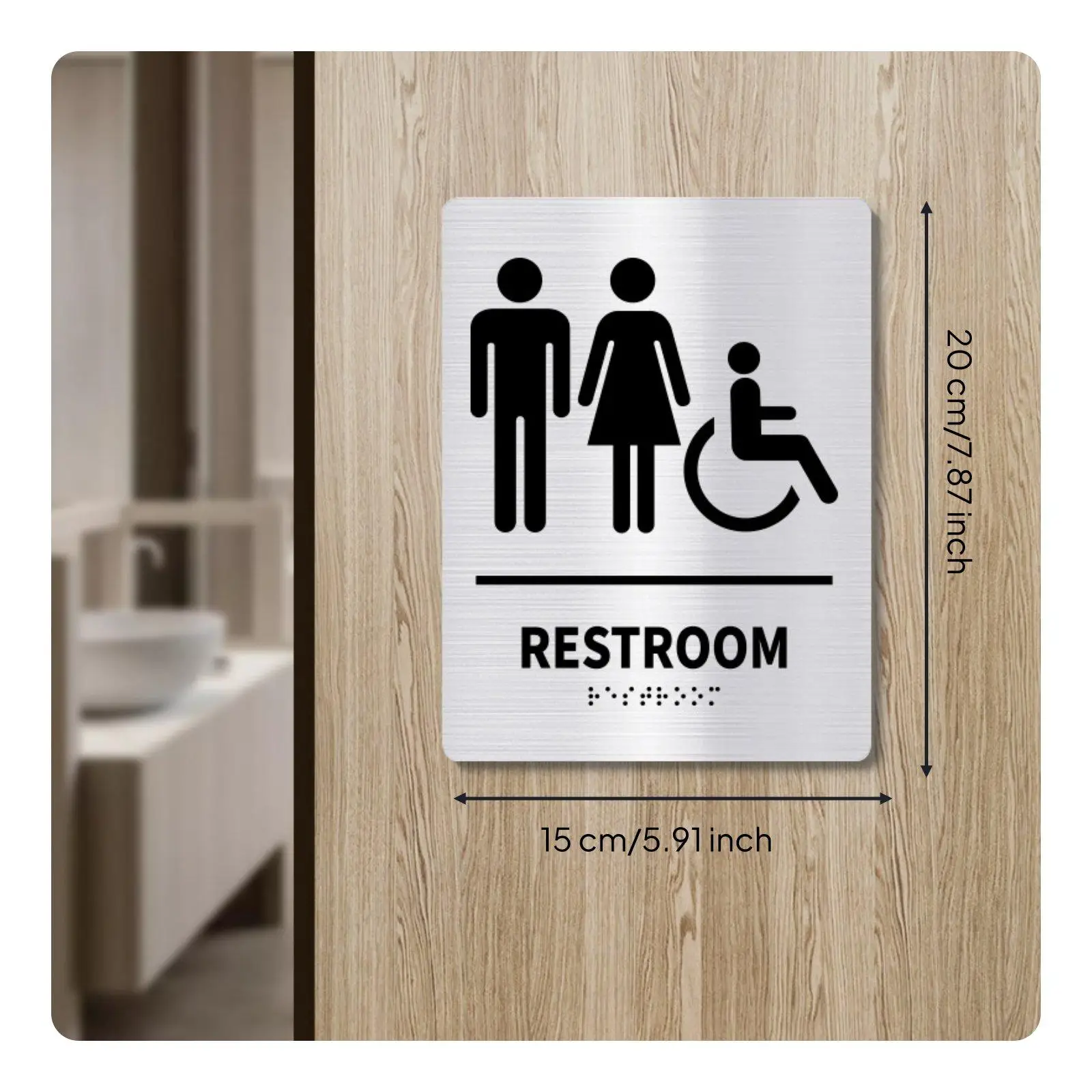 Restroom Sign with Bold Symbols Brushed Metal Unisex Toilet Door Sign for Restaurant Workplace Accessibility