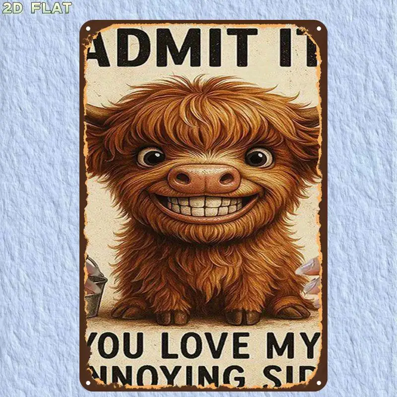 2D Flat, Retro Vintage Cute Highland Cow Poster Art Metal Tin Sign, with Pre-Drilled Holes, Ideal for Indoor, Garden, Outdoor - view 3
