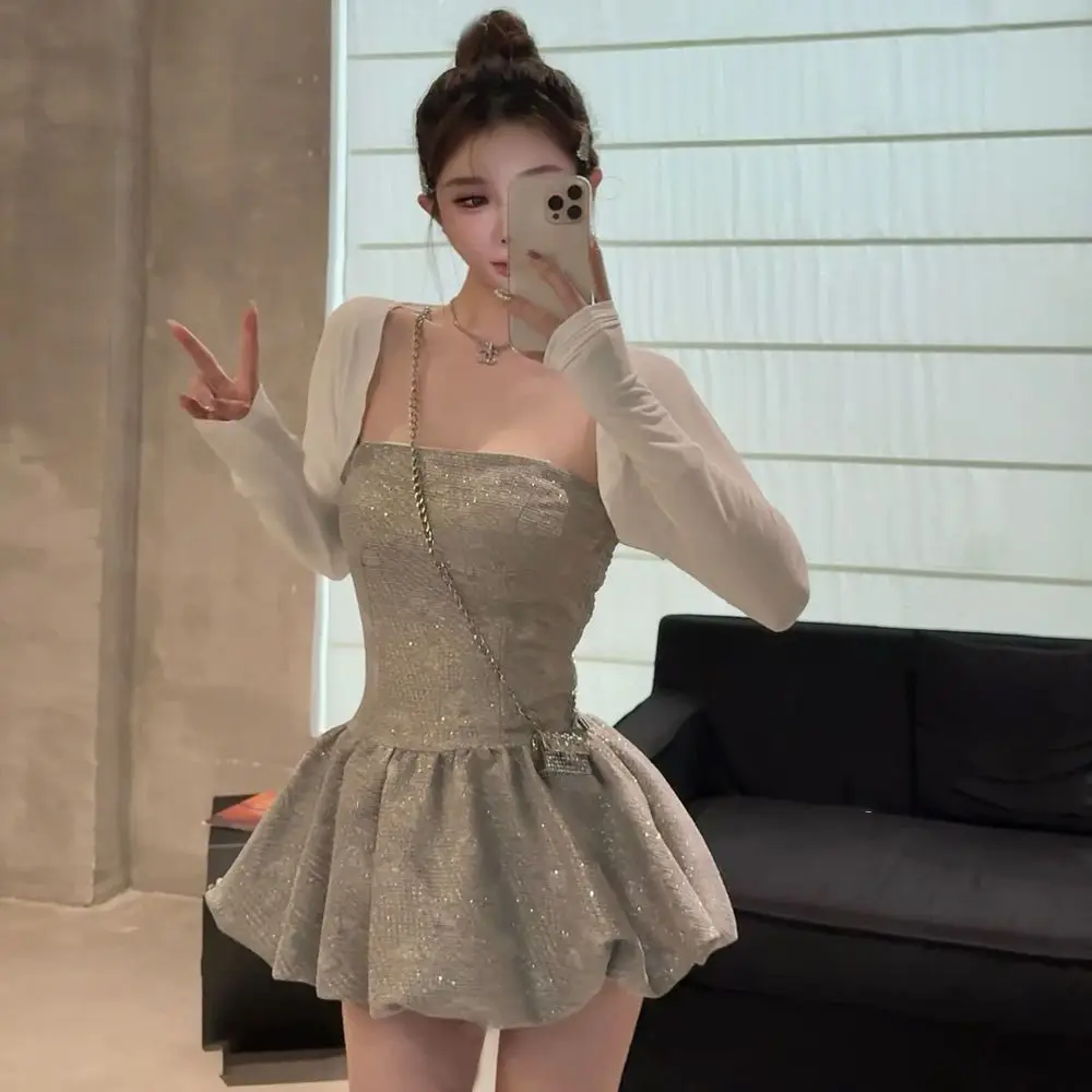 Pearlescent luster, small fragrant wind, pearl patch sleeveless fluffy dress, summer waist cinching short dress