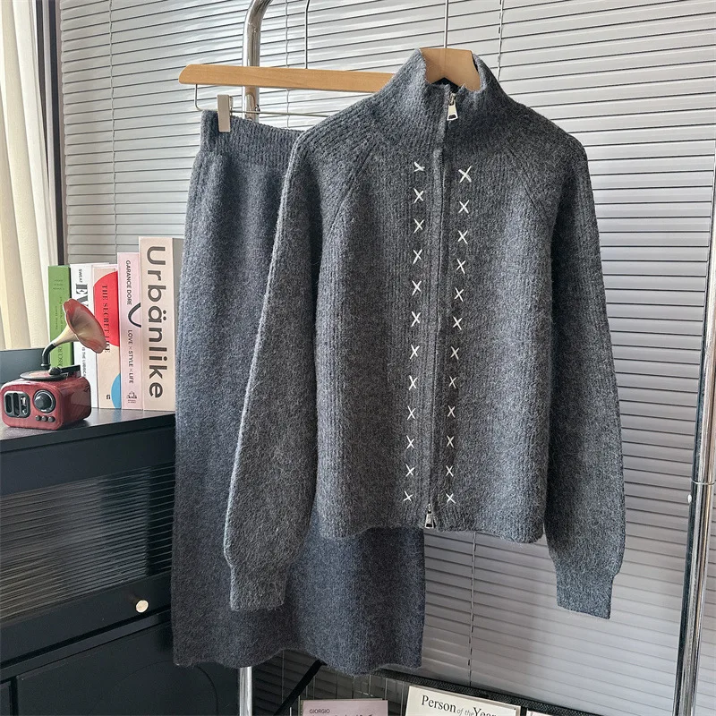 Neploe 2024 Herbst Winter koreanisch einfach elegant gestrickt zweiteilige Anzüge femme Stehkragen Pullover Mantel High-End-A-Linie Rock