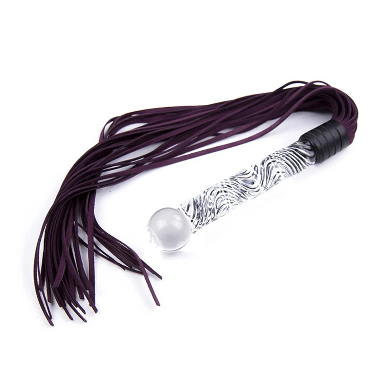 68.5CM Crystal Glass Handle Genuine Leather Riding Whip Black Riding Whip for Games Whip Leather Riding Crop