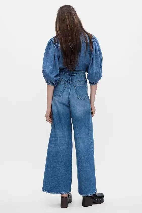 Printemps 2025 femmes Denim irt Puffy Sve col rabattu jean à jambes larges nouveauté trajet Sle taille haute Polyester F...