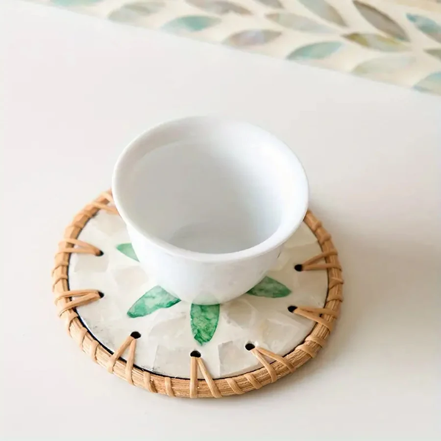 Handmade Rattan And Ceramic Shell Coasters Creative Colorful Round Coffee Table Mats Decor Bowl Mats For Home Decor