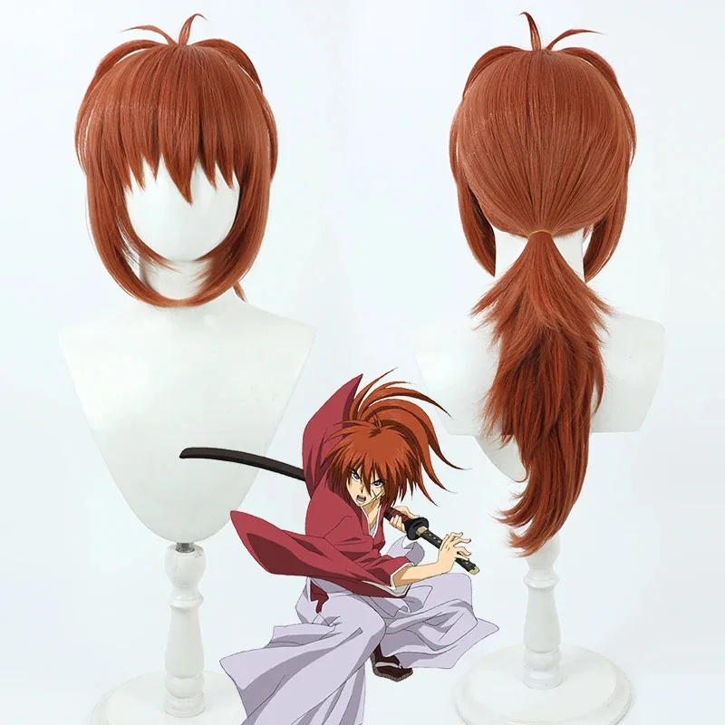 Rurouni Himura Kenshin Cosplay pelo sintético resistente al calor pelucas de disfraz de fiesta de juegos de rol de Halloween + peluca Capx; 2'c,5.b;7'