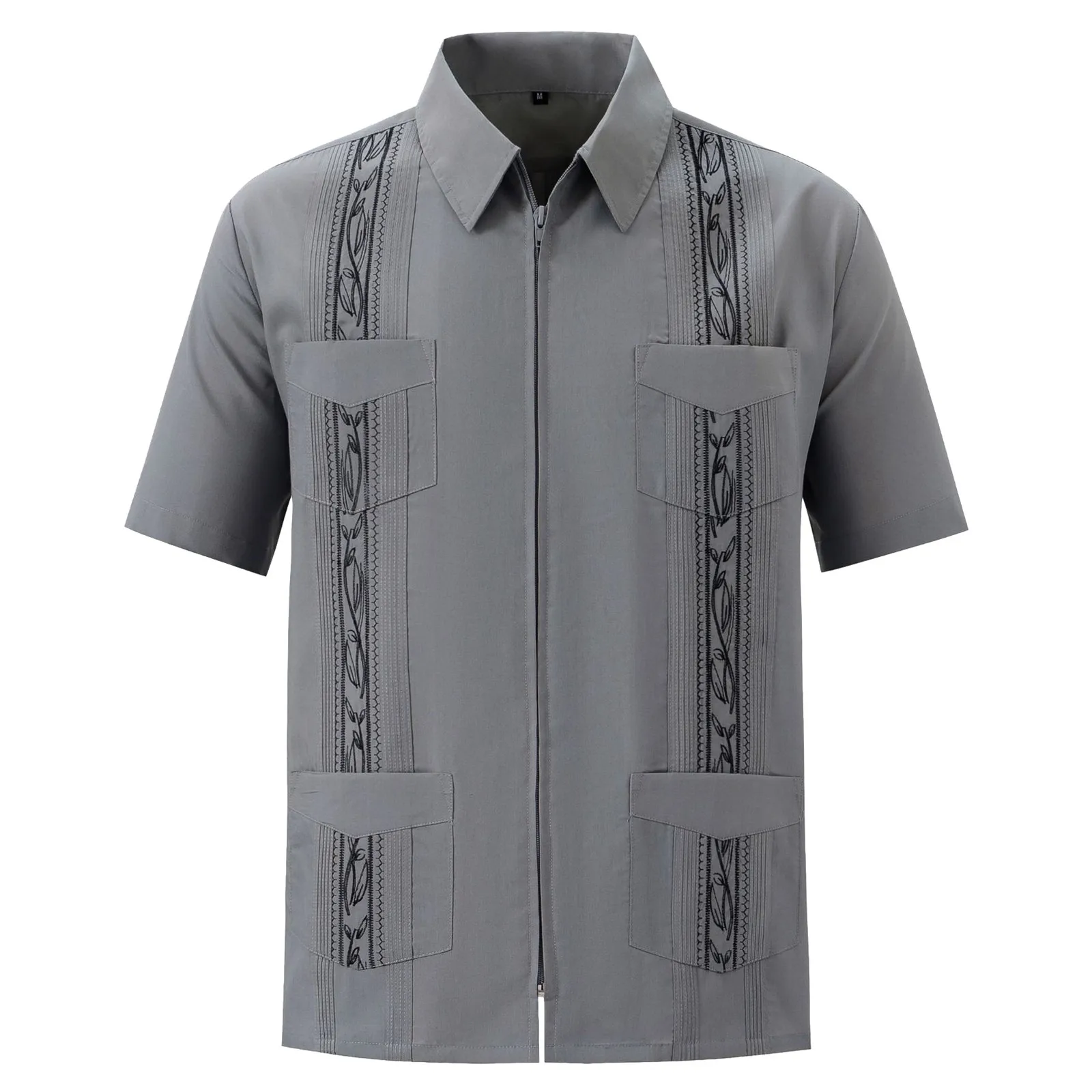 Zipper Men's Guayabera Shirts Clothing Four Pocket Embroidered Traditional Short Sleeve Shirts For Men Mexican Cuban Shirts