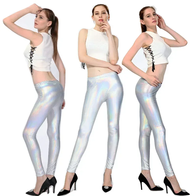 Metallic Color PU Leggings Women Faux Leather Pants Dancing Party Pant Sexy Night Club Skinny Costume Pants Tight Trousers