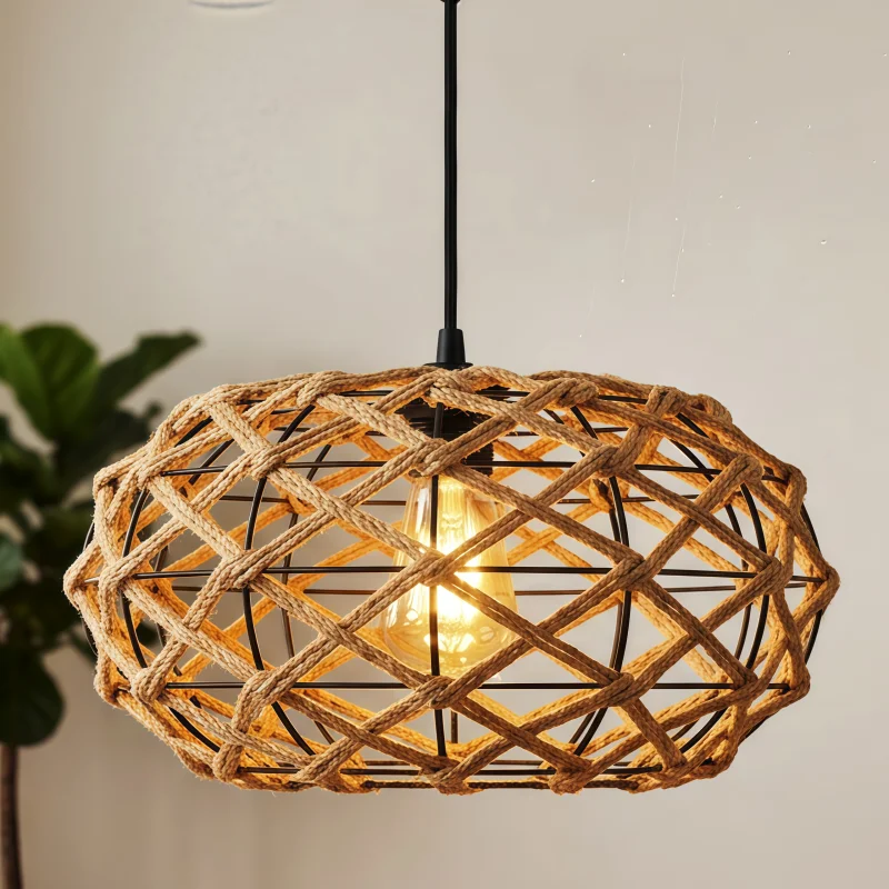Rustic Woven Rope Lamp Shade, Black Metal Net Cage Oval Cover for Pendant Chandelier