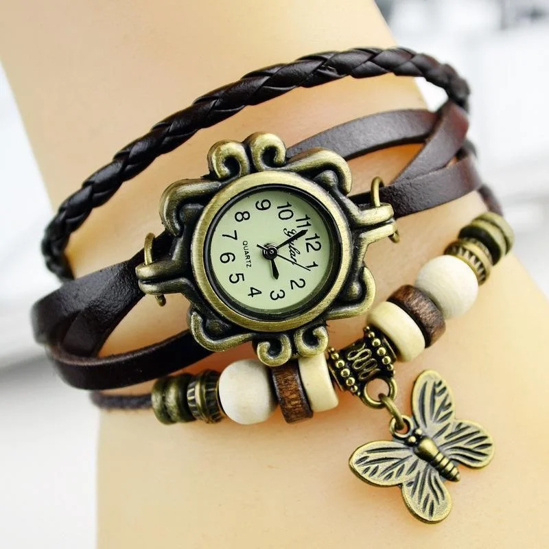 Multicolor Women Leather Vintage Quartz Dress Watch Bracelet Wristwatches Leaf Gift