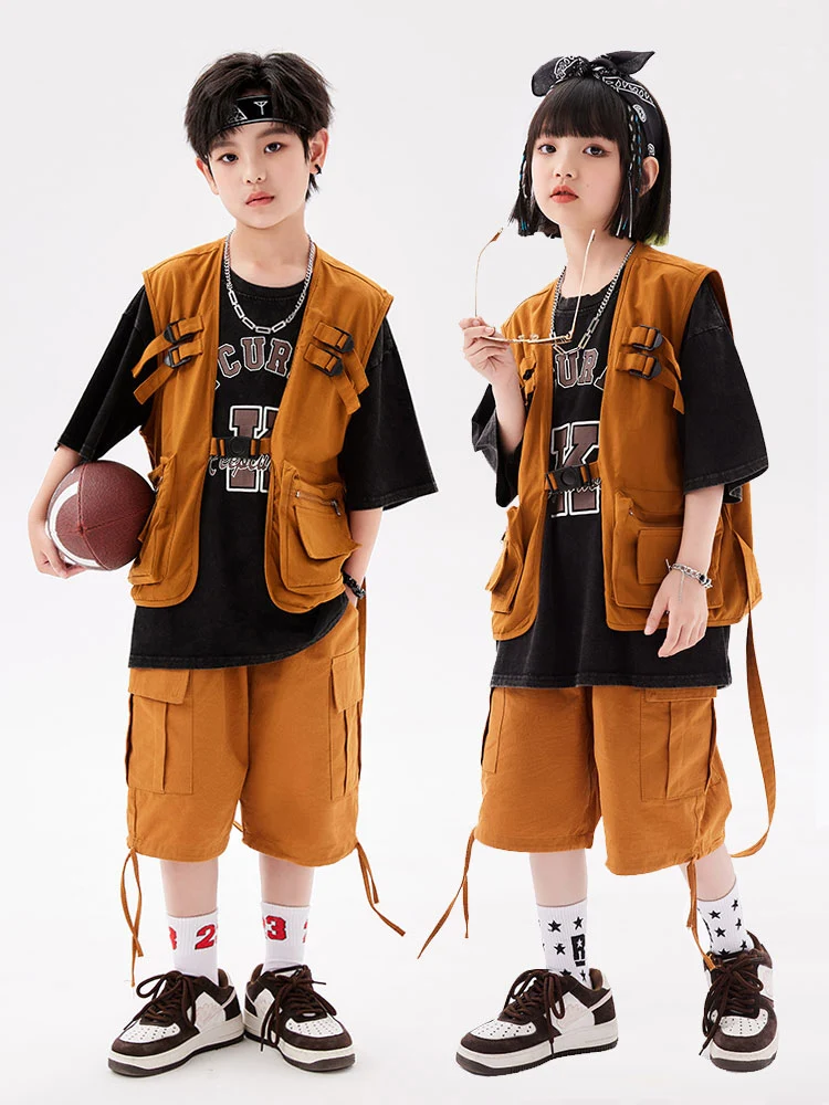

Children Jazz Costume Hip Hop Loose Vest Shorts Summer Boys T Shirts Girls Concert Show Modern Dance Clothing Stage Wear BL10534