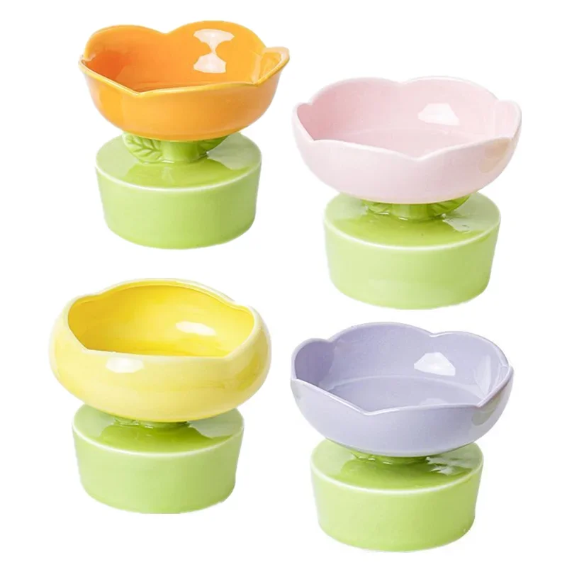 New Flower Shape Ceramic Cat Bowl Non-slip High Foot Dogs Puppy Feeder Pet Feeding Food Water Elevated Raised Dish Pet Supplies