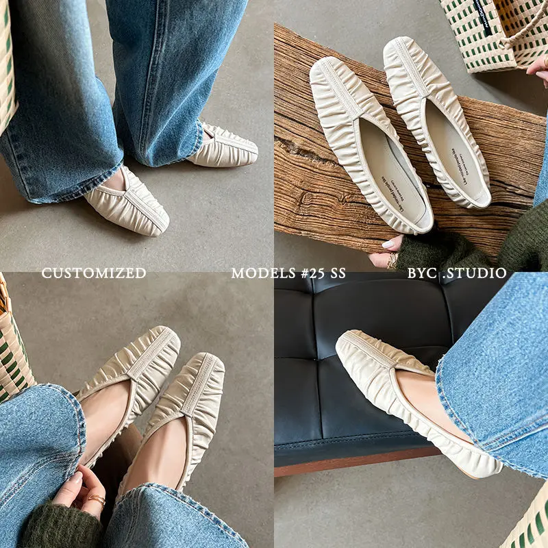 2026 new spring autumn women pumps natural leather plus size 22-25cm soft sheepskin+pigskin square toe pleated women shoes