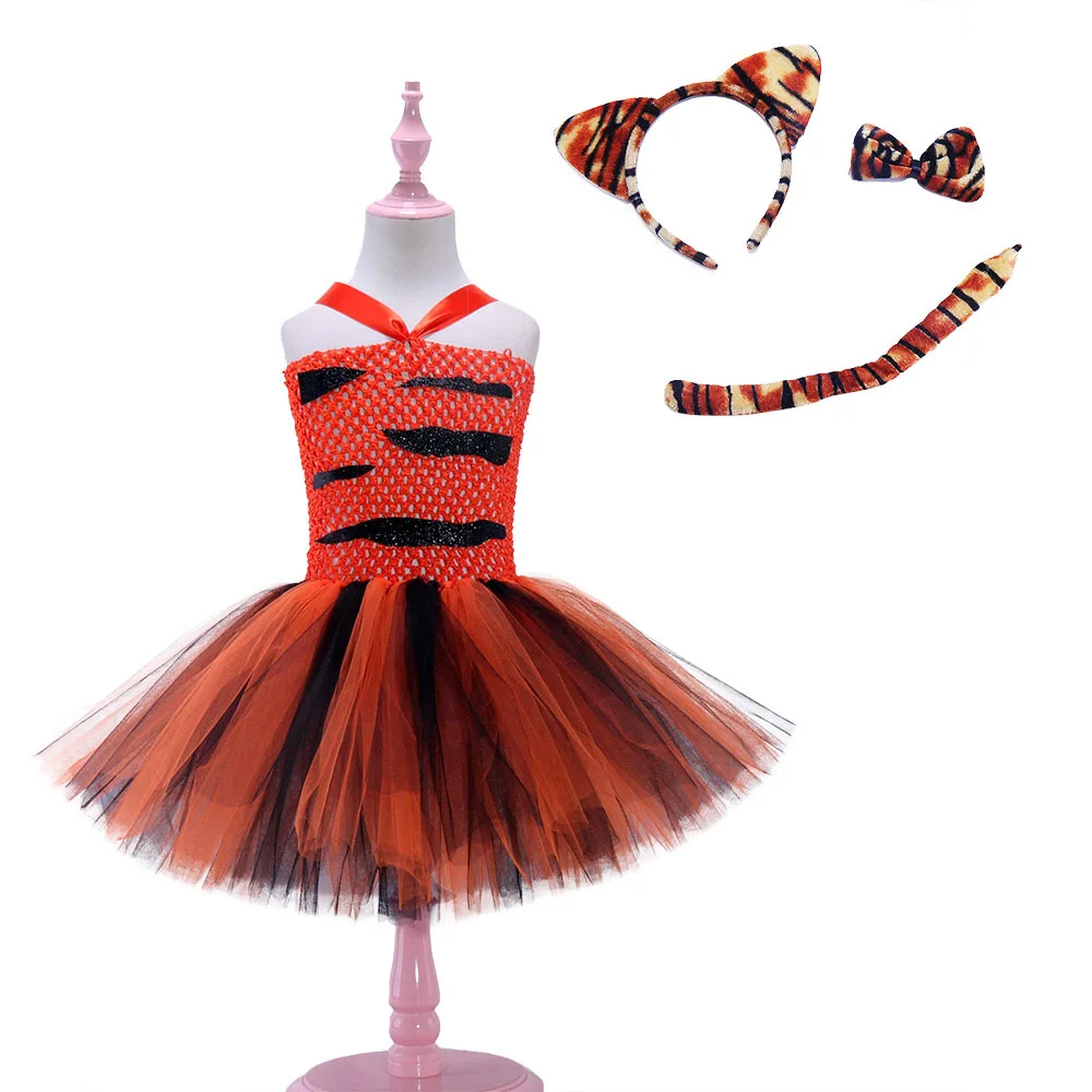 

Kids Tiger Animal Cosplay Costume Set Baby Girls Birthday Jungle Party Tutu Dress Children Halloween School Perform Clothes Set