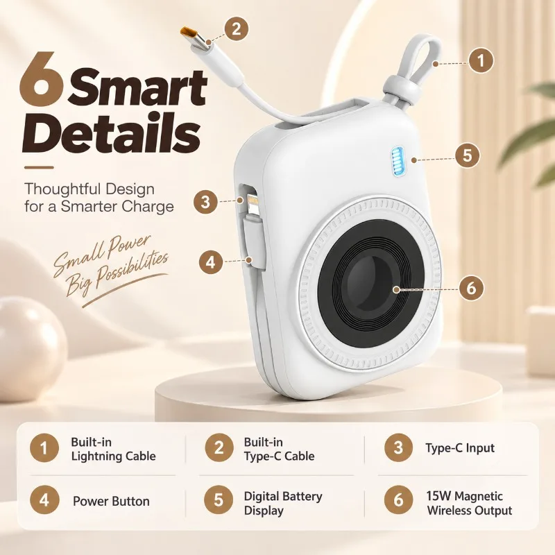 Mini Power Bank, Small Camera Shape 15W Magnetic Wireless Charger with Built‑in Cable, Compact Portable External Battery for Use