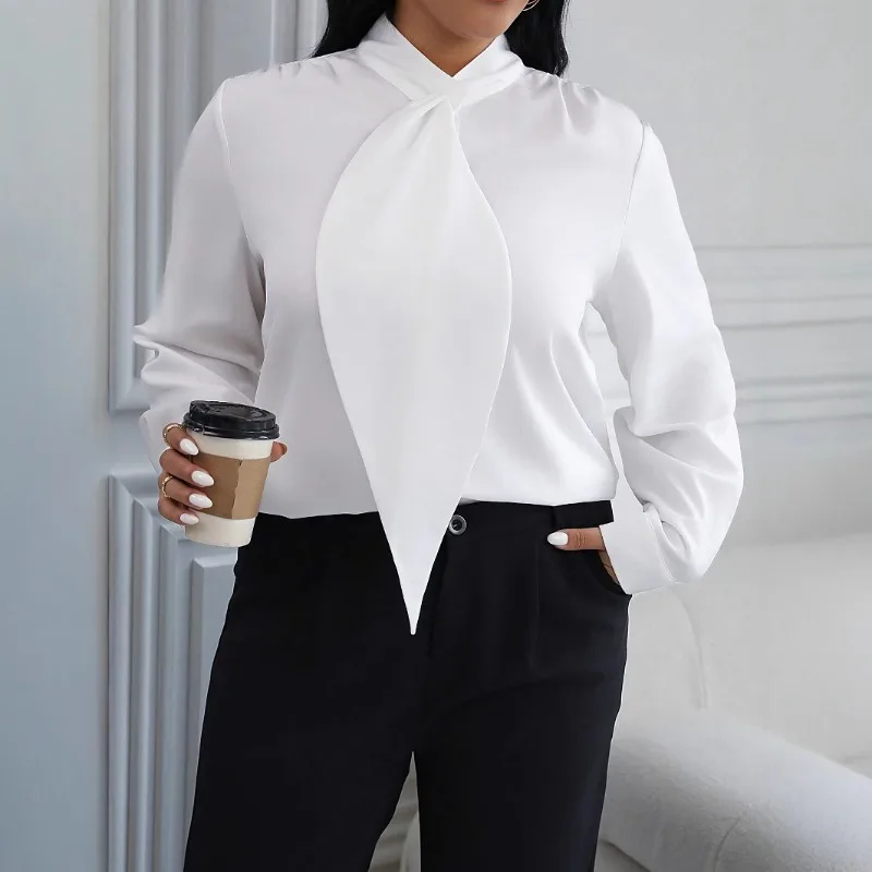 

Рубашка с лентой, темпераментная зимняя одежда с веером богини, женская весенняя одежда, новая модная рубашка с длинными рукавами для поездок на работу, деловая одежда