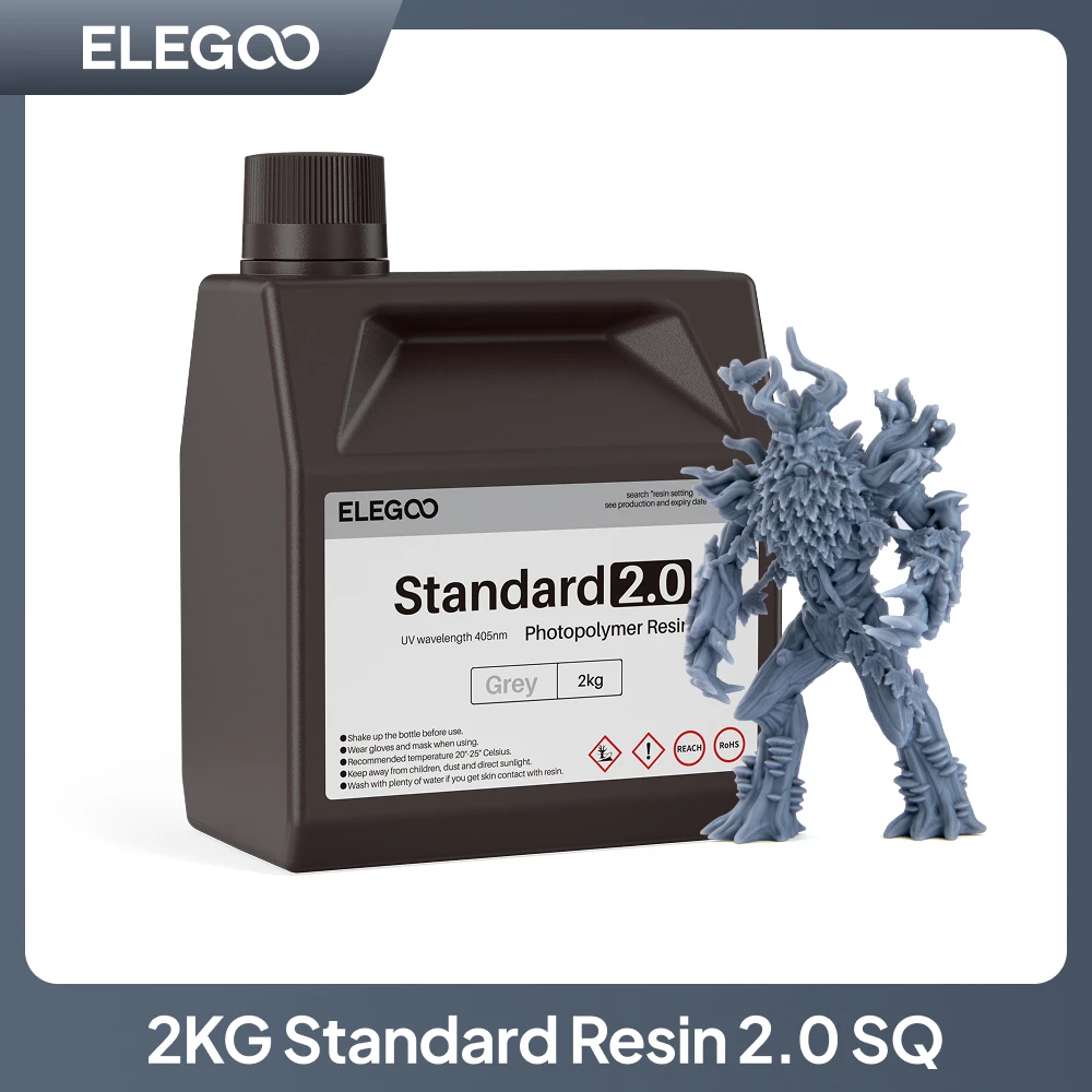 Resina Padrão ELEGOO 2kg para Impressora 3D, Resina Fotopolímera UV 405nm para Impressão 3D LCD, Alta Precisão, Baixo Odor, Cinza 2000g