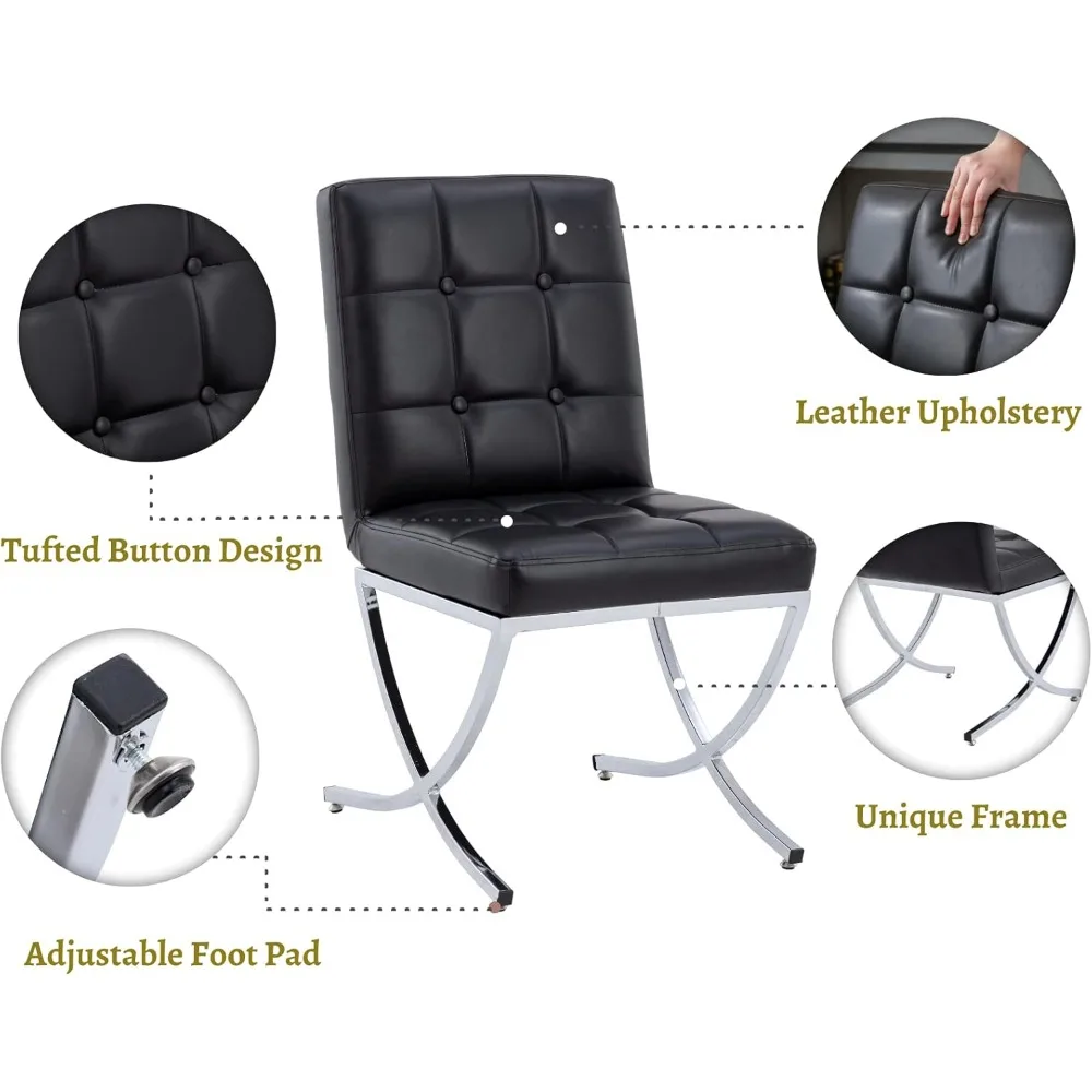 طقم كراسي طعام حديثة مكونة من قطعتين، مقعد منجد من الجلد الأسود مع كراسي معدنية من الكروم وظهر عالي معنقدة، بدون ذراع #3