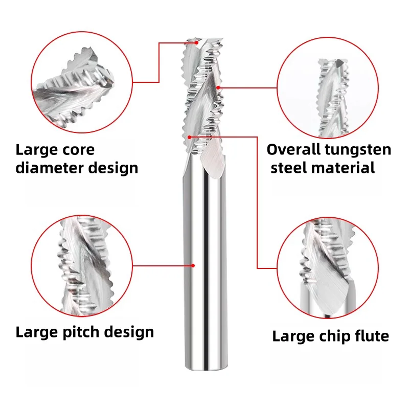 HR C55 3 Flute Carbide Roughing End Mill for Aluminum Copper Extended Corrugated Rough Milling Cutter 50 75 100MM CNC Router Bit