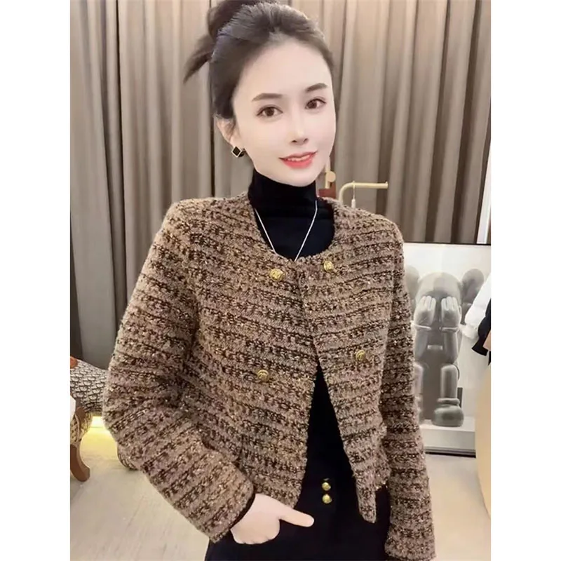 Spring Autumn Jacket Women's Small Fragrant Style Coat Top Round Neck Weave Short Outerwear Korean Women Receive High Praise