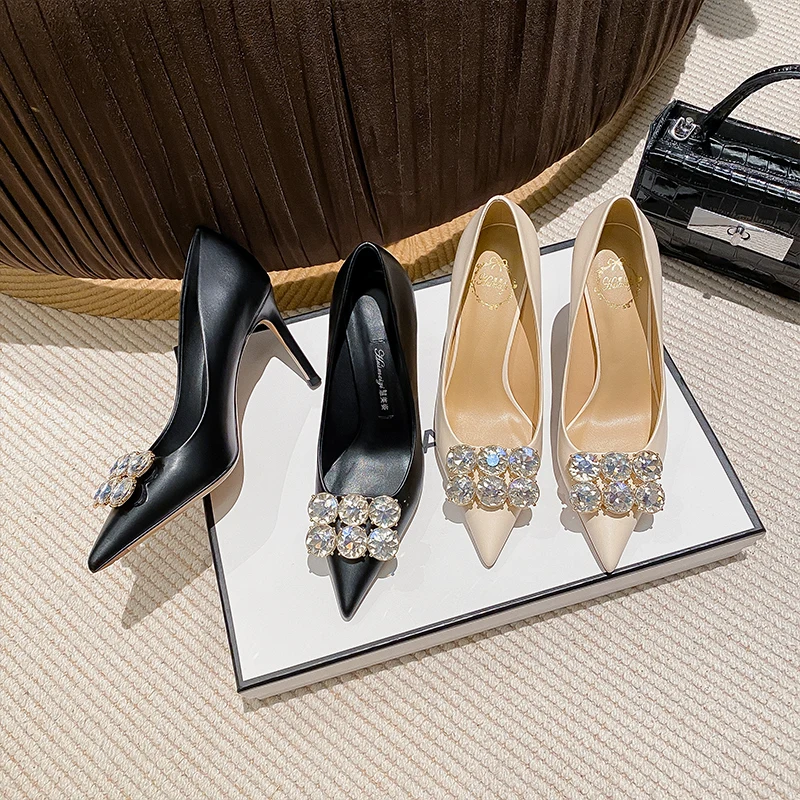 

Spring and autumn new leather pointed rhinestone stilettos all-match banquet dress large size small size fashion sexy women shoe