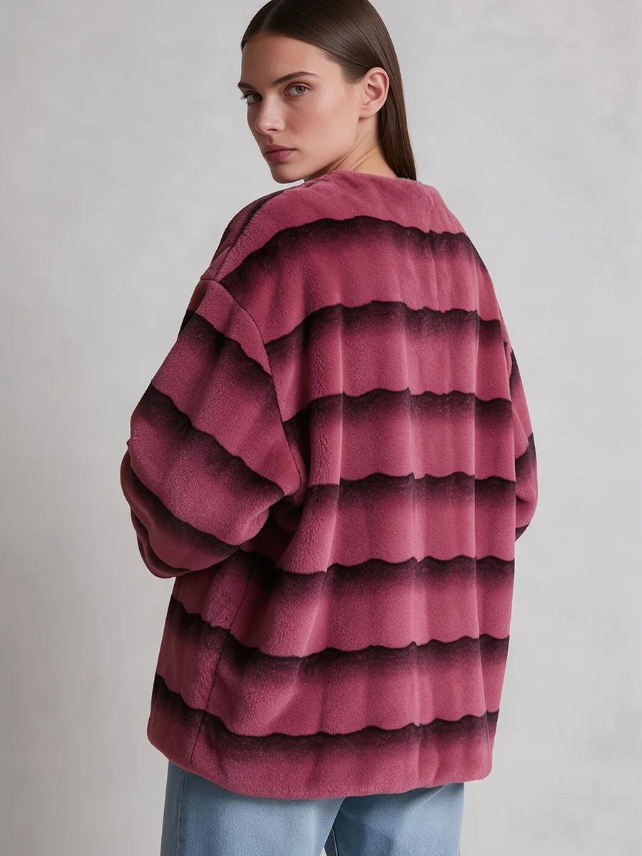 2026 Women Striped Faux Fur Coat, Round Neck Soft Fluffy Warm Winter Jacket, Casual Fashion Outerwear
