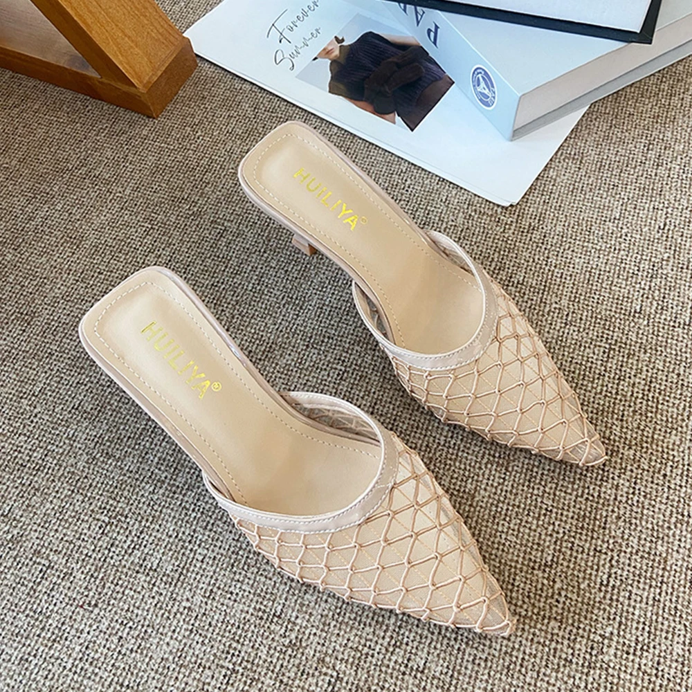 Women Kitten Heel Mules Pointed Toe Heeled Sandals Slip On Low Heels Slipper Mesh Stiletto Slingback Heels Dress Shoes Pumps