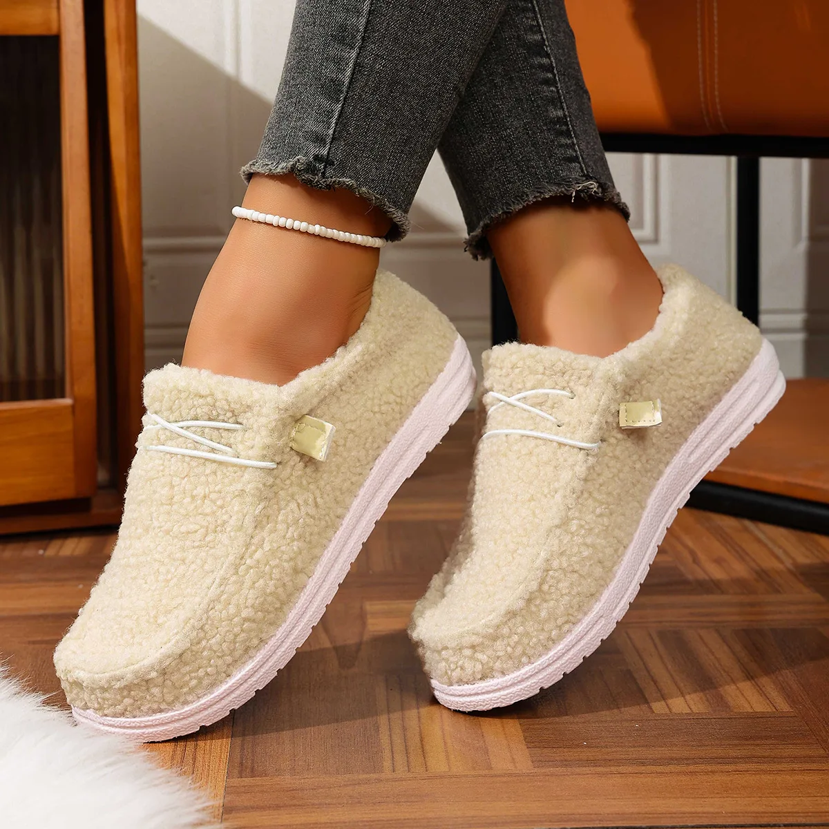 Women Plush Flat Casual Shoes Fashion Winter Warm Ankle Boots Outdoor Comfortable Slip-on Round Toe Cotton Shoes Botines Mujer