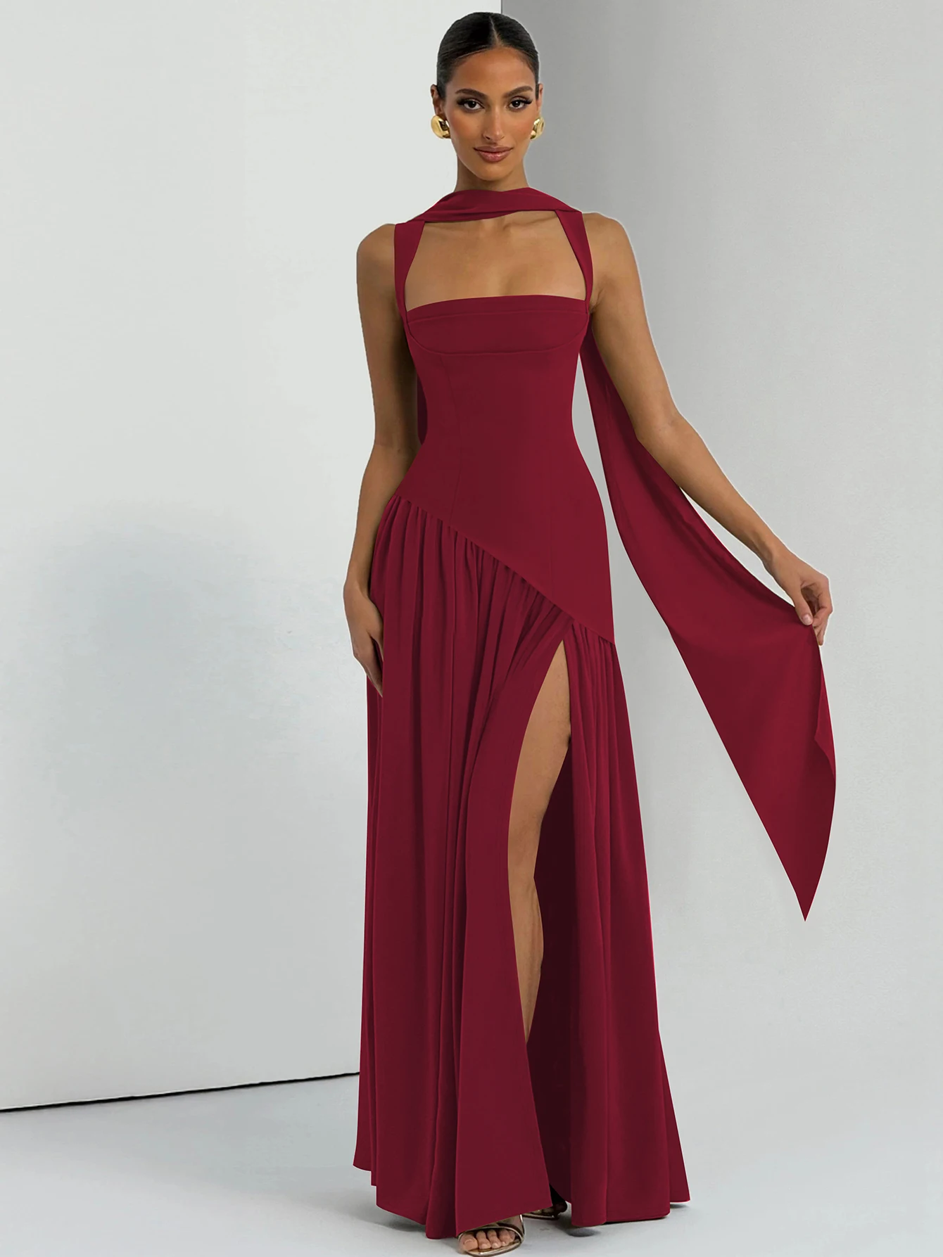 Hugcitar 2026 Elegante Feste Träger Ärmelloses Scraf Schlitz Plissee Sexy Maxi Kleid Frühling Sommer Frauen Party Festival Kleidung Club