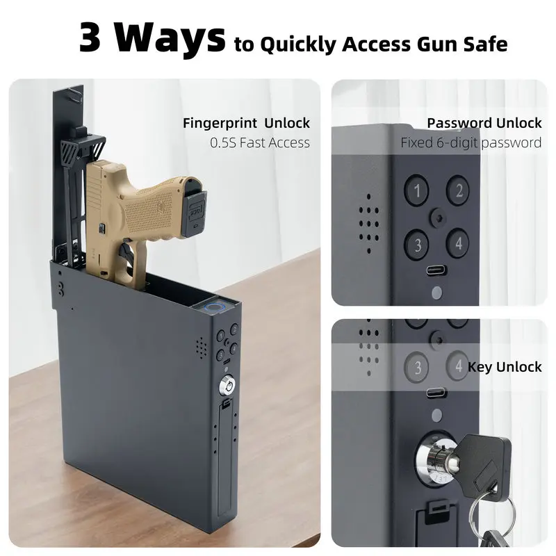 custom.Mounted Biometric Gun Safe Gun Lock Box 3 Ways Quick Access Fingerprint PIN Bedside Gun Safe