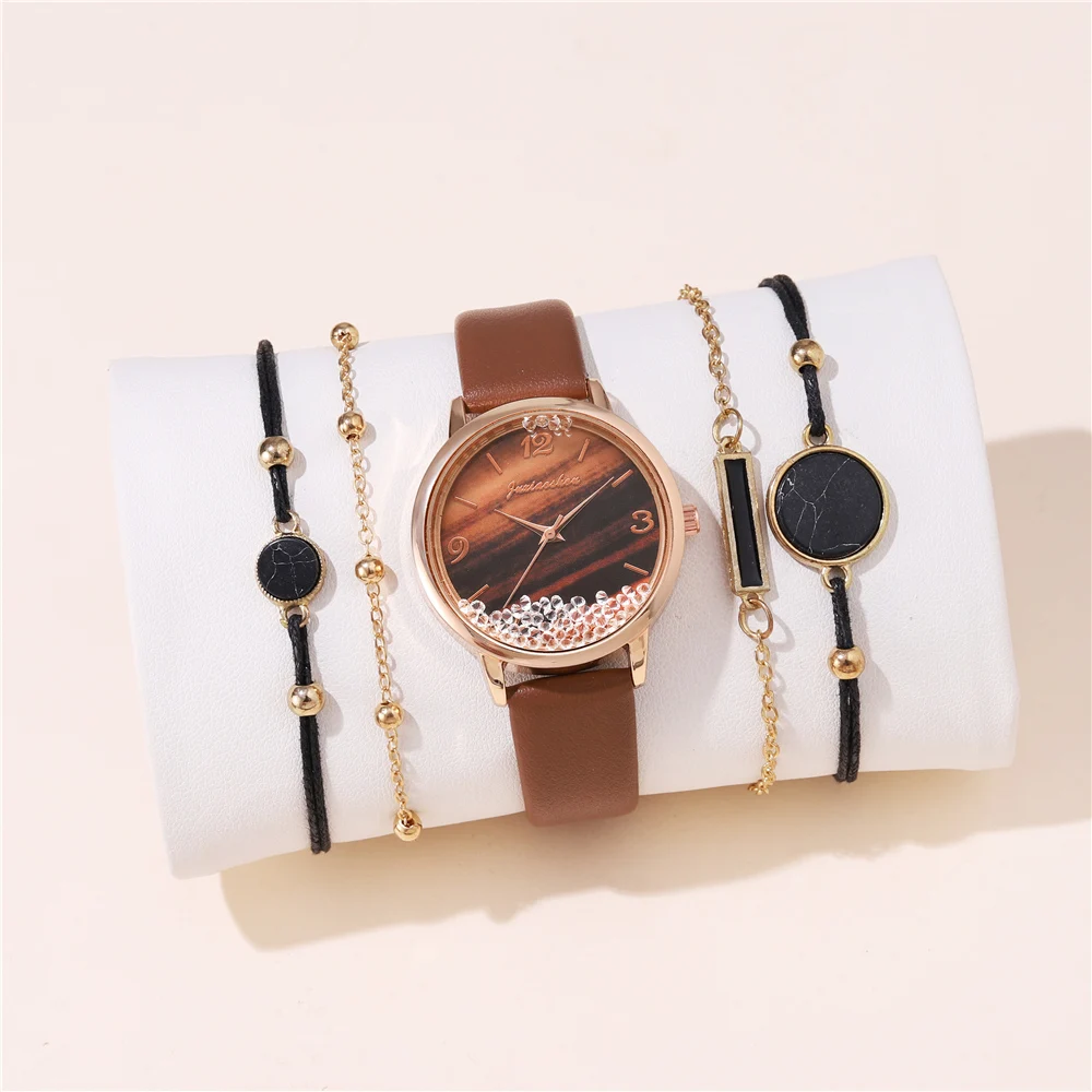 Reloj de cuero pu de cuarzo con diamantes de imitación para mujer, moda de moda, 5 piezas por juego